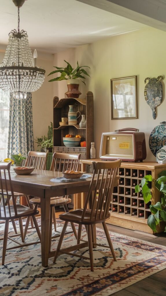 A charming country dining room with a wooden table and matching chairs. A sparkling crystal chandelier hangs overhead, complementing a tall wooden hutch filled with ceramics and a vintage radio, which adds a jazzy touch. A patterned rug covers the floor.