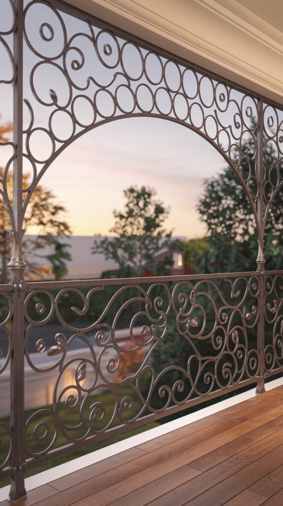 An ornate arched brown metal luxury balcony railing with intricate scrollwork, providing a grand and elegant boundary.