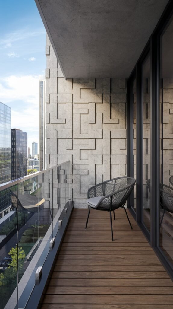 A contemporary luxury balcony railing combines clear glass panels with a subtle metal base and a textured concrete wall.