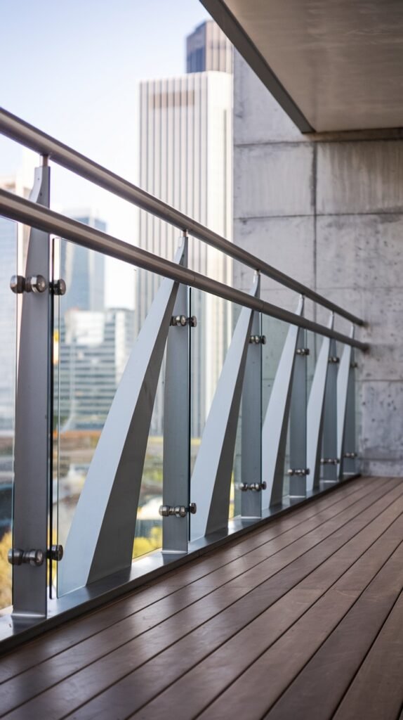A modern luxury balcony railing design with glass panels and striking angled metal supports, creating a dynamic architectural statement.
