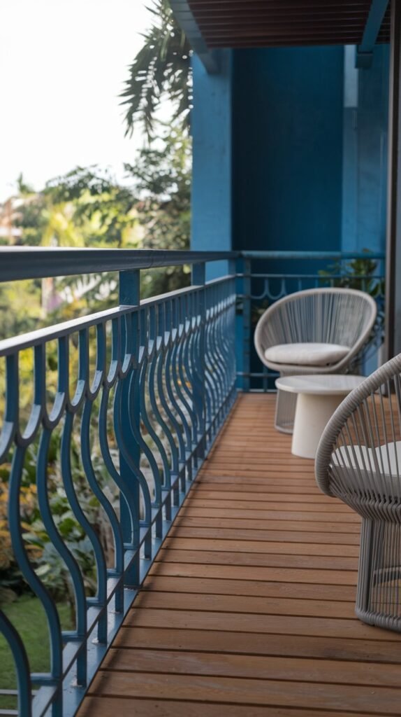 A vibrant blue luxury balcony railing featuring wavy vertical metal bars, adding a unique and colorful artistic flair to the space.