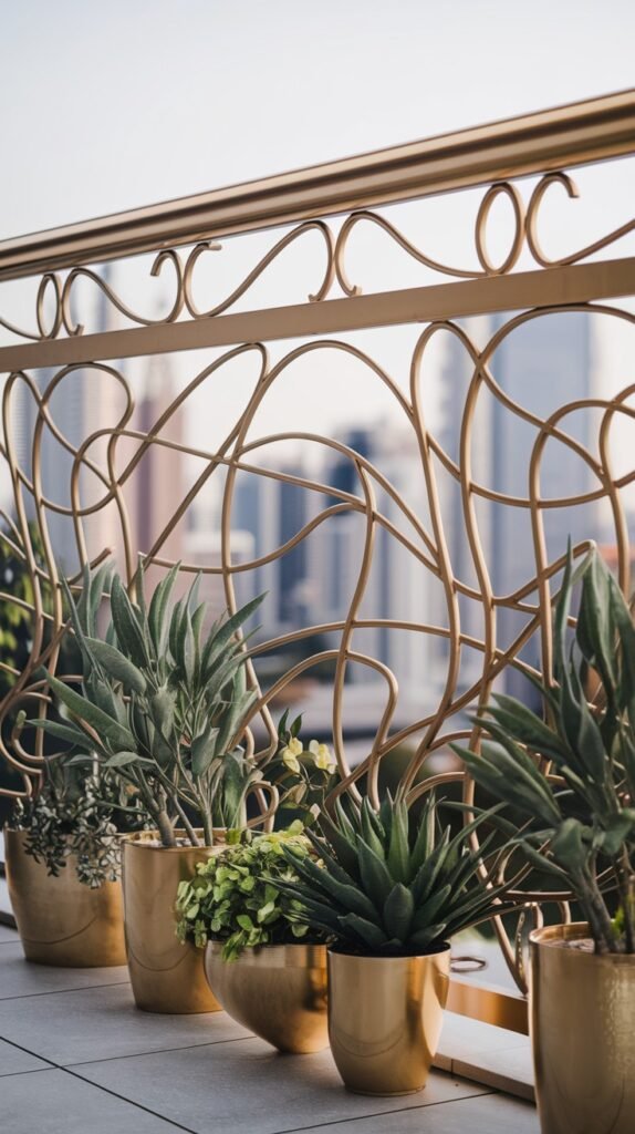 A luxury ornate gold metal balcony railing with organic swirling patterns, complemented by golden potted plants for a lavish feel.