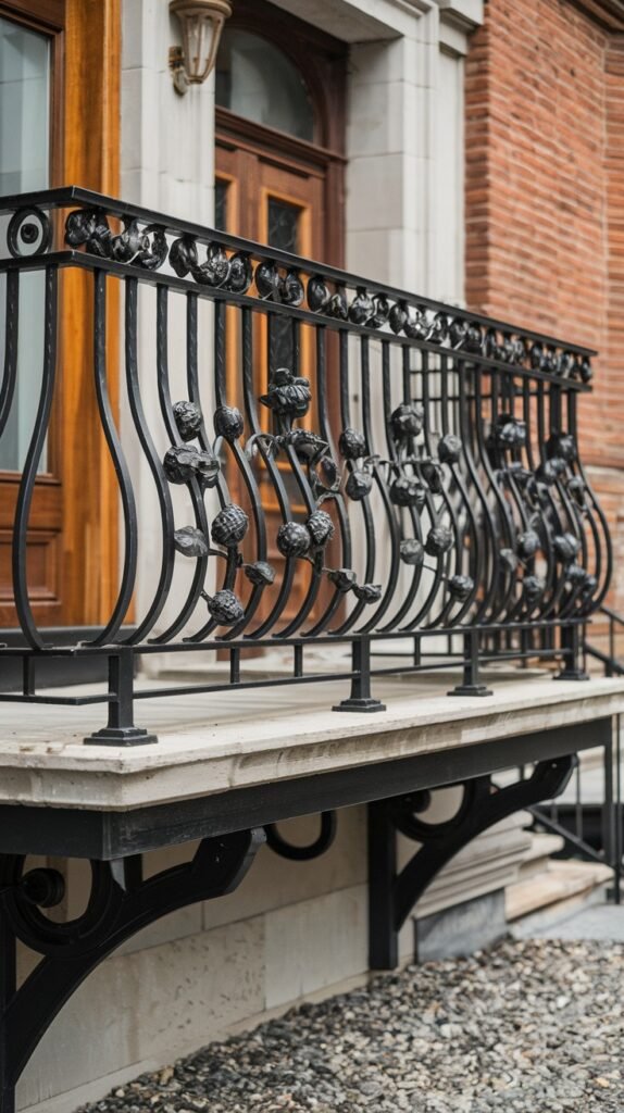 A decorative black wrought iron luxury balcony railing featuring integrated floral or fruit elements, adding traditional charm to the facade.