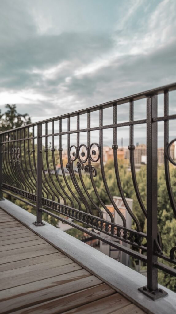A classic black metal luxury balcony railing with vertical bars and decorative circular elements, providing a timeless and elegant design.