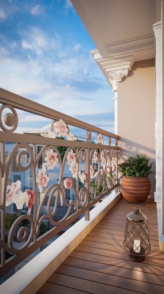 An artistic luxury balcony railing in brown metal with delicate scrollwork and embellished pink floral designs, enhancing a cozy outdoor space.