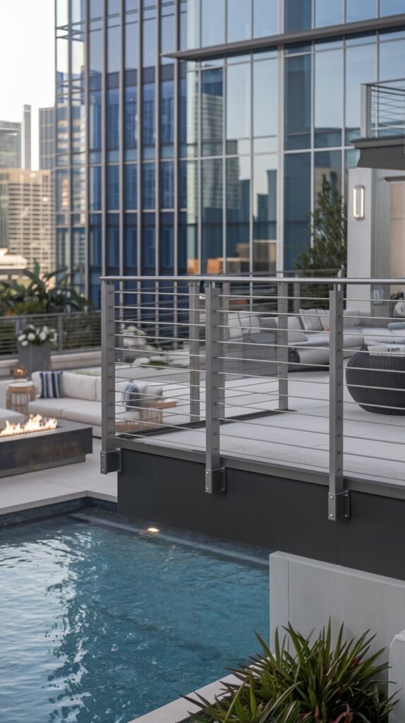 A sleek stainless steel luxury balcony railing with multiple horizontal bars, perfect for a contemporary poolside or rooftop terrace.