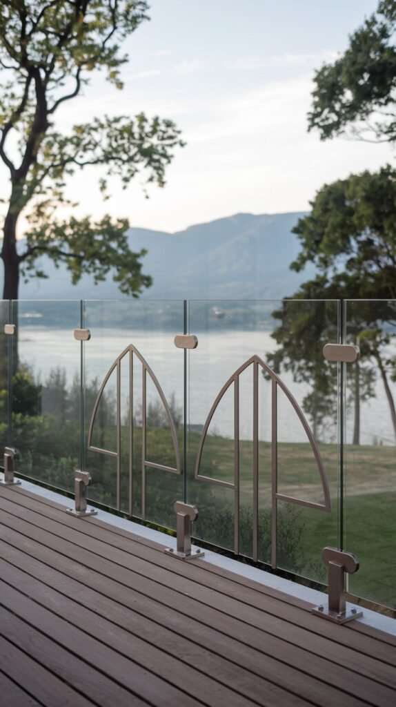 A decorative glass luxury balcony railing incorporating unique arched metal inserts, offering both transparency and artistic appeal.