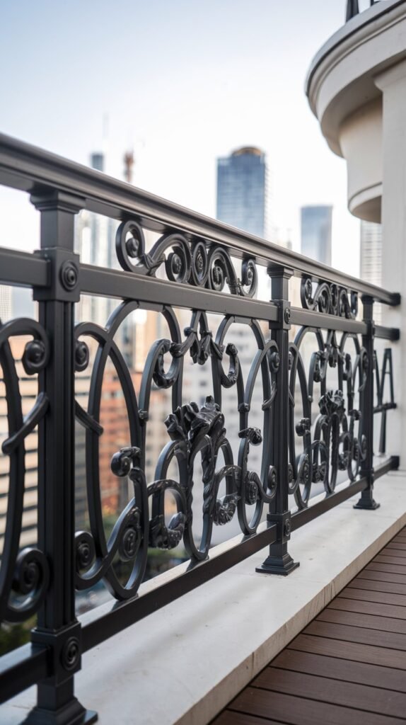 An opulent ornate black metal luxury balcony railing featuring complex scrollwork and acanthus leaf details, exuding classical grandeur.