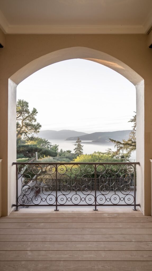 A picturesque luxury balcony framed by an archway, featuring a black metal railing composed of interconnected circular patterns, overlooking a scenic landscape.