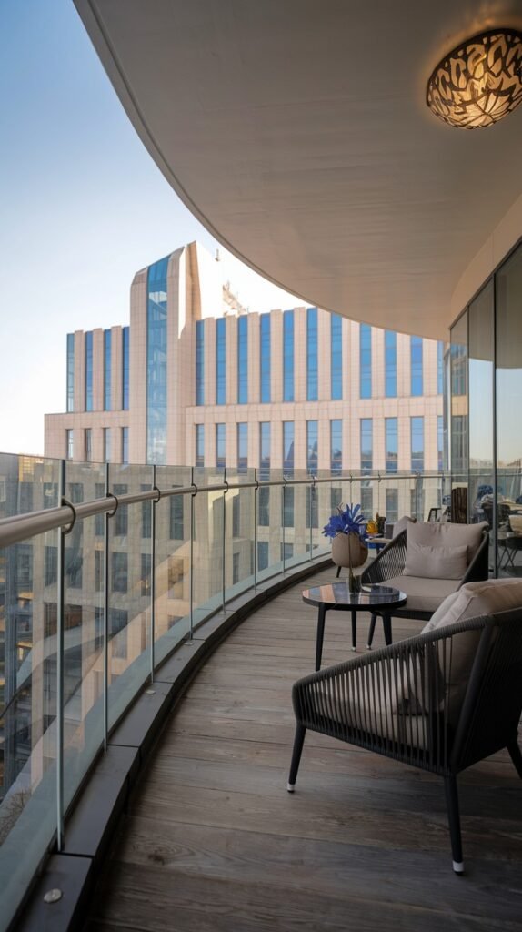 A luxury balcony railing features curved glass and a wooden deck, offering views of a modern cityscape.