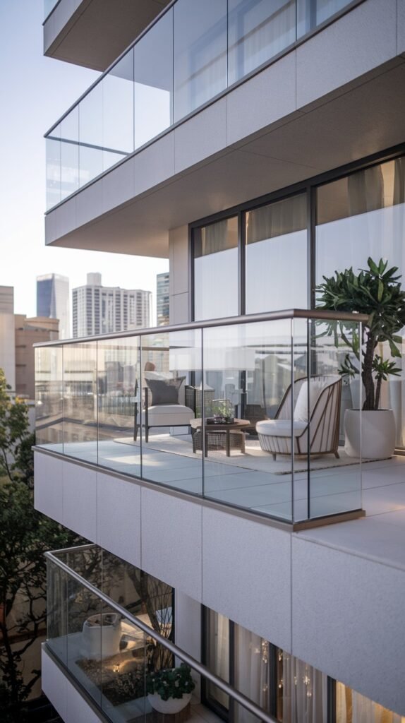 Luxury balcony railings of straight glass adorn multi-level urban residences, creating an open and contemporary design.