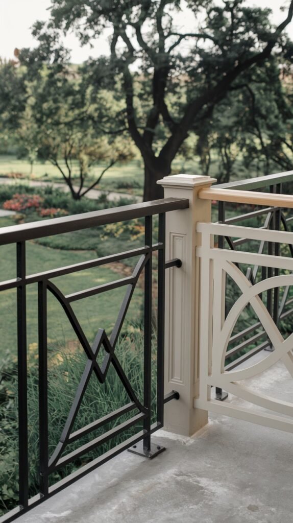 A luxury balcony railing combines dark geometric metal with a white decorative wooden lattice, framing a lush garden view.