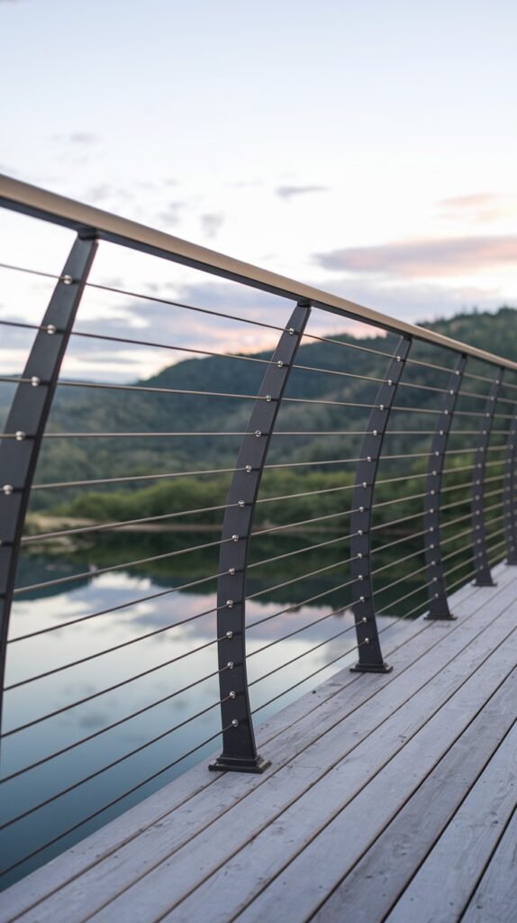 A luxury balcony railing features horizontal cables and dark metal posts on a wooden deck, overlooking a serene lake and mountains.