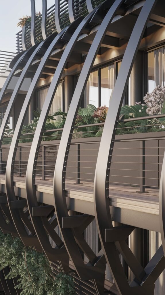 An architectural luxury balcony design with large curved metal structural arches, horizontal cable railings, and integrated planters.