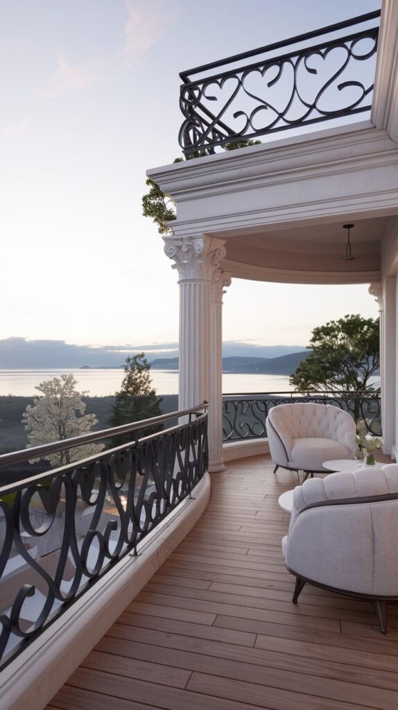 An ornate black wrought iron railing on a luxury balcony with classical columns, providing a grand view of a lake.
