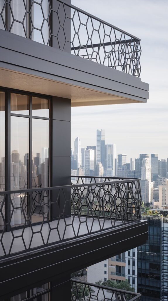 Luxury balcony railings with a bold hexagonal black metal pattern offer striking views of a city skyline.