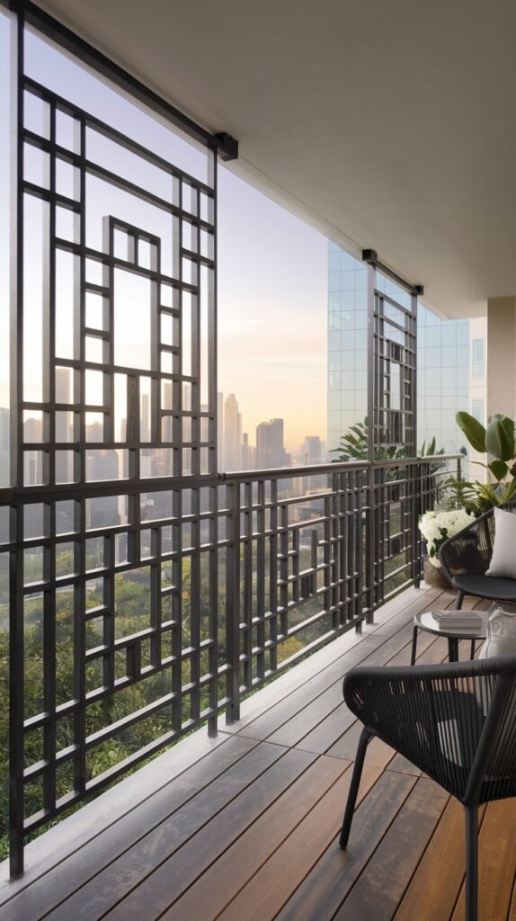 A luxury balcony railing showcases a modern rectangular patterned metal design, complementing a sophisticated urban setting.
