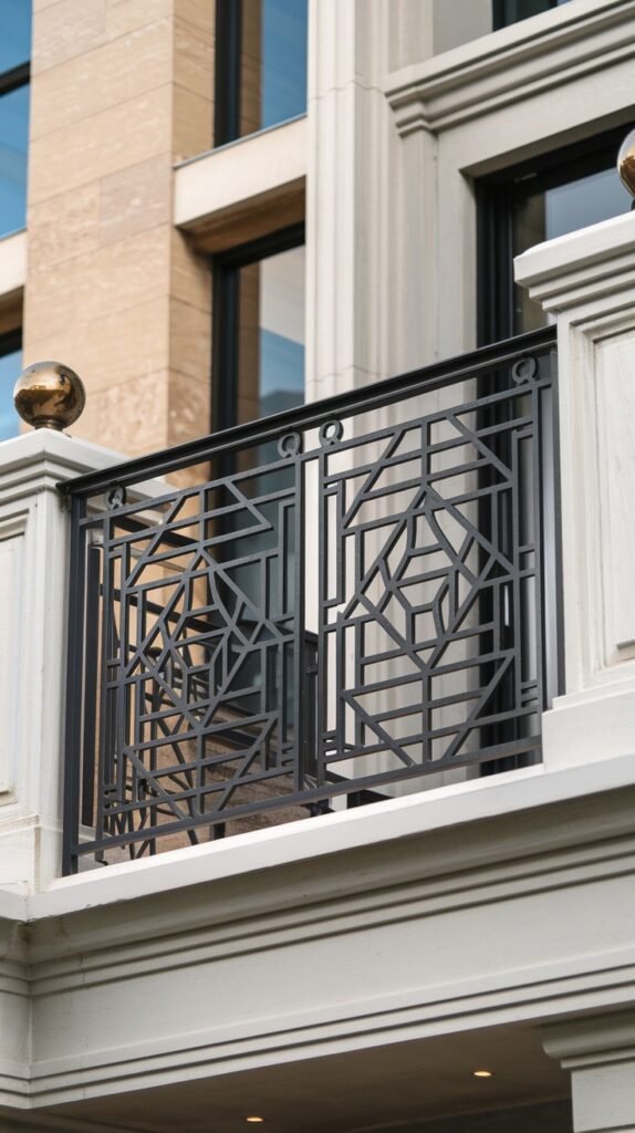 A luxury balcony railing with an intricate geometric black metal pattern, adding sophisticated architectural flair.