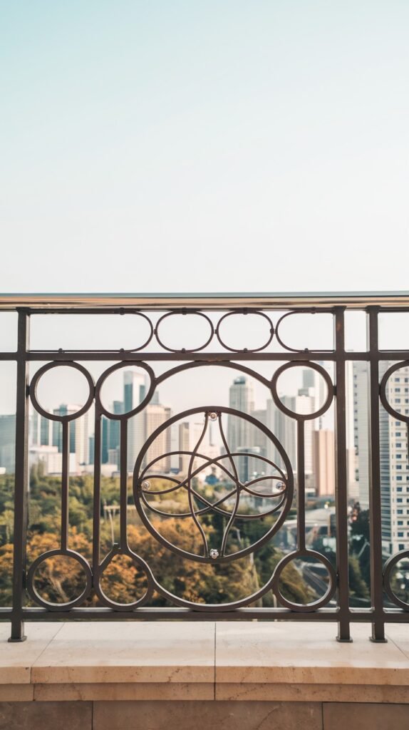 A decorative luxury balcony railing in brown metal, featuring circular motifs and a central artistic medallion, overlooking a cityscape.