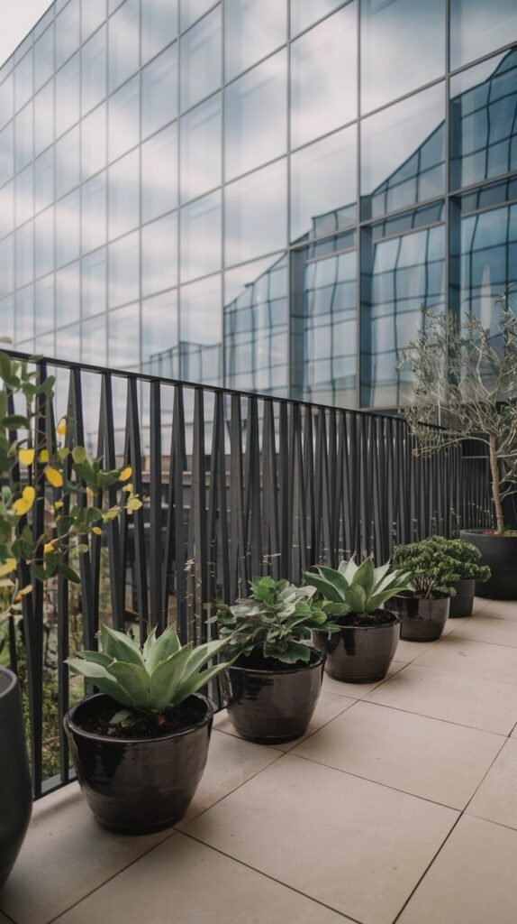 A minimalist luxury balcony railing features closely spaced vertical black metal pickets, enhancing a contemporary outdoor space with greenery.