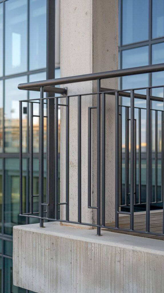 A simple luxury balcony railing with clean vertical black metal bars, set against a concrete balcony for a modern industrial look.