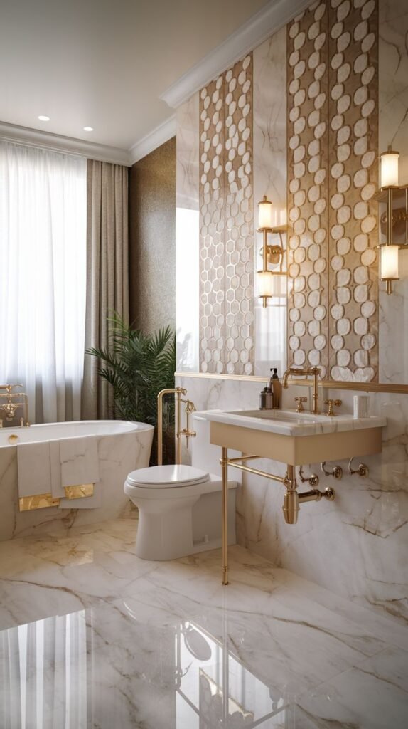 An opulent, luxury Guest Bathroom featuring richly patterned marble walls and floor, a white freestanding tub with gold accents, a toilet, and a vanity with a gold-framed mirror. The wall behind the vanity showcases decorative gold and white patterned tiles, with gold fixtures prominent throughout.