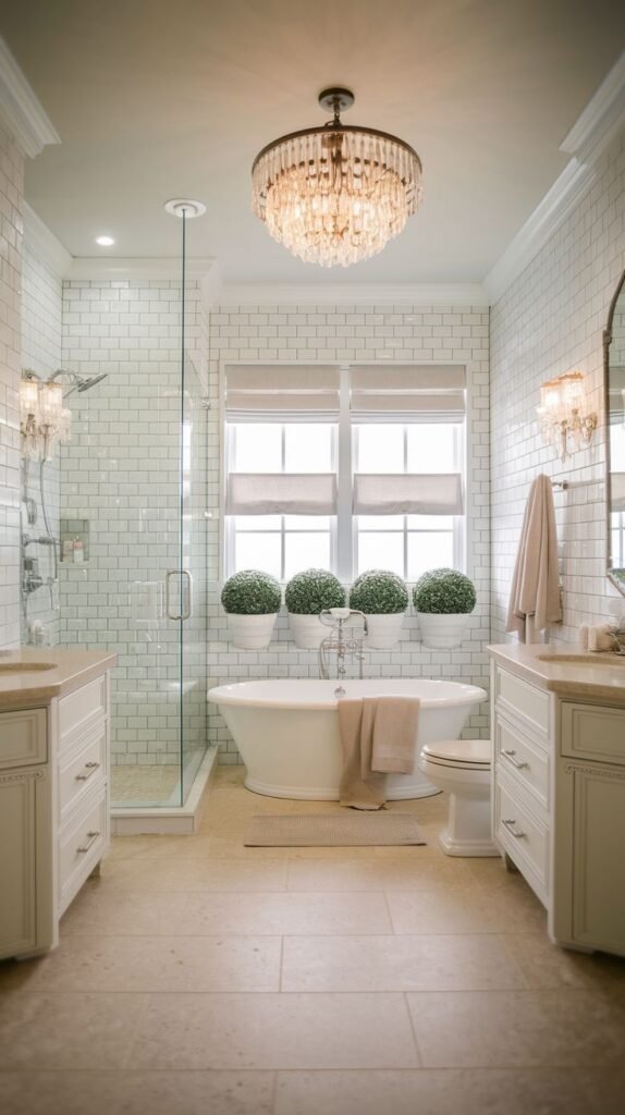 An elegant, luxury Guest Bathroom highlighted by a stunning crystal chandelier. The room includes a glass-enclosed shower and a white freestanding tub positioned under a window. White subway tiles cover the walls, and two light-colored vanities with ample storage flank the shower area.