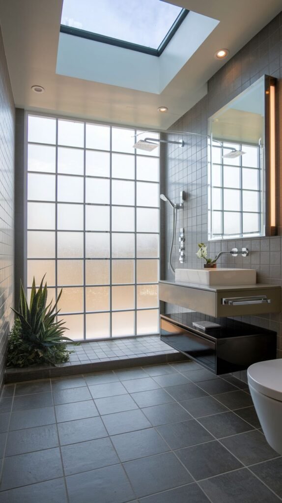 A contemporary, luxury Guest Bathroom illuminated by natural light from a large skylight and a full-height glass block window. The walls and floor are grey tile. A modern floating vanity with a white sink and a wall-mounted toilet are present, with a green plant adding a touch of nature.