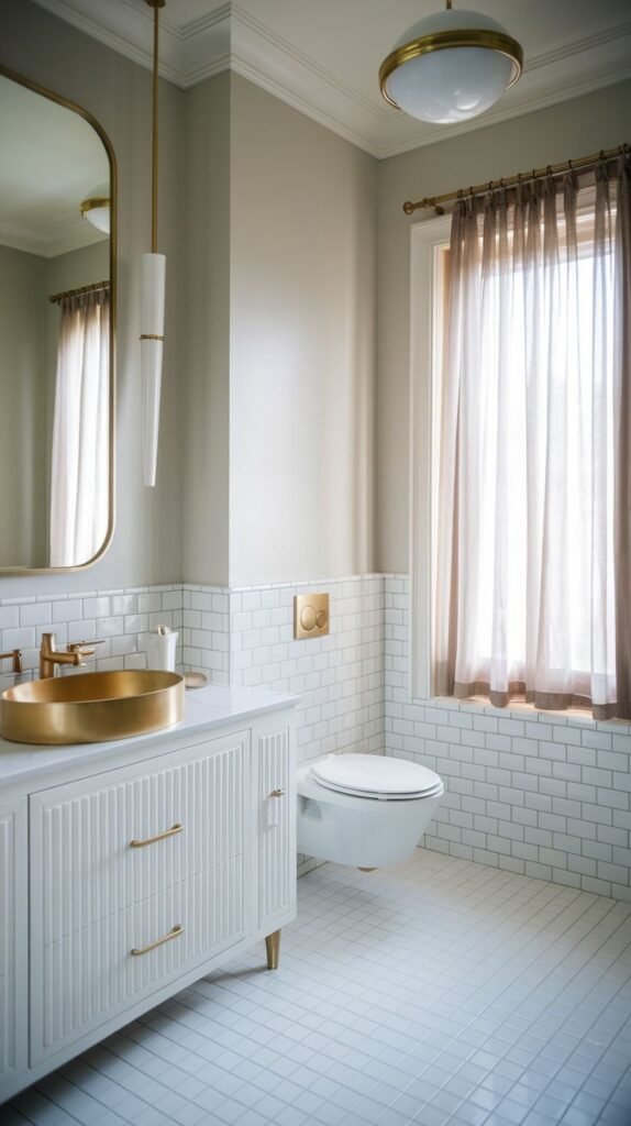 A stylish, luxury Guest Bathroom with white subway tiles covering the lower walls and floor. It features a white vanity with a golden round sink and a wall-mounted toilet. A large window with sheer brown curtains allows abundant natural light, and gold fixtures are prominently used.