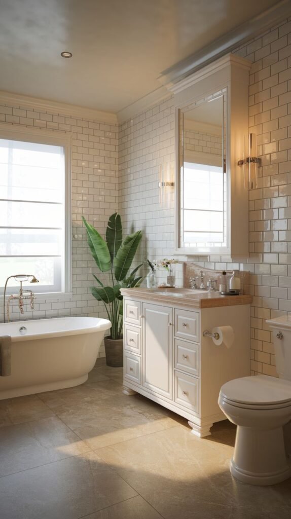 A bright, luxury Guest Bathroom with white subway-tiled walls. The room contains a white freestanding tub under a window and a large white vanity with multiple drawers and a light-colored countertop. A tall green plant is placed next to the tub.