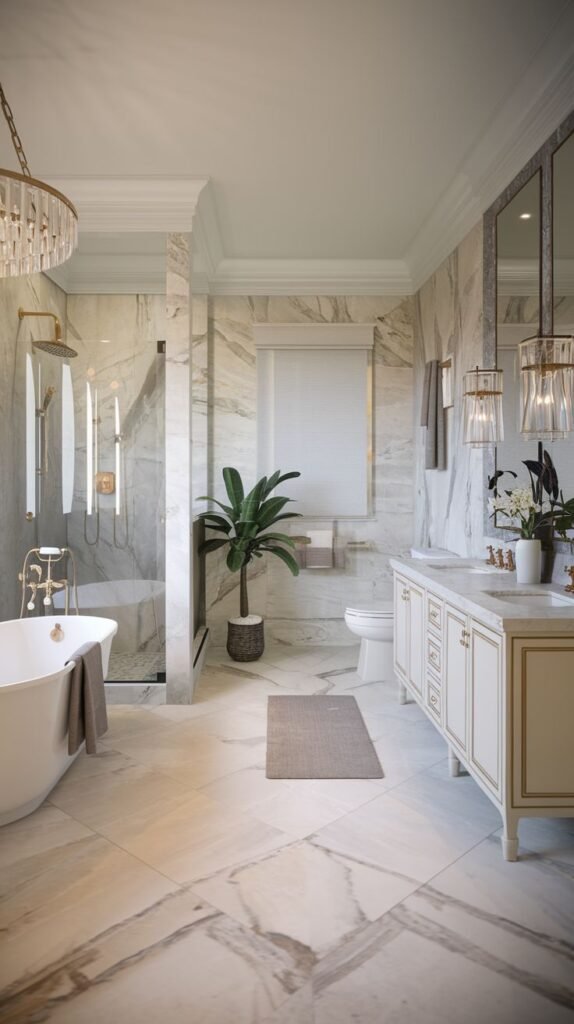 An expansive, luxury Guest Bathroom featuring marble walls and floor, a glass-enclosed shower, a white freestanding tub, and a long double vanity with a marble countertop. Elegant chandeliers are suspended above the vanity area, and gold fixtures are utilized throughout.