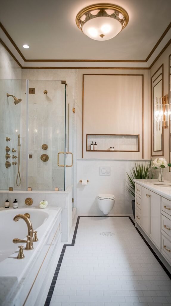 A sophisticated, luxury Guest Bathroom with white subway tiles on the lower walls, a built-in bathtub with a glass shower enclosure, and a white vanity with multiple drawers. Gold accents line the walls and ceiling, and gold fixtures are used for both the shower and tub.
