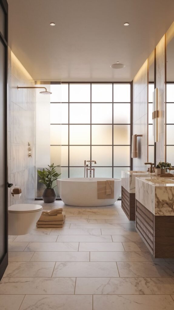 A spacious, luxury Guest Bathroom featuring a large frosted glass window, a white freestanding tub, a glass-enclosed shower area, and a double vanity with marble countertops and dark wood bases. Light-colored, large format tiles are laid on the floor.