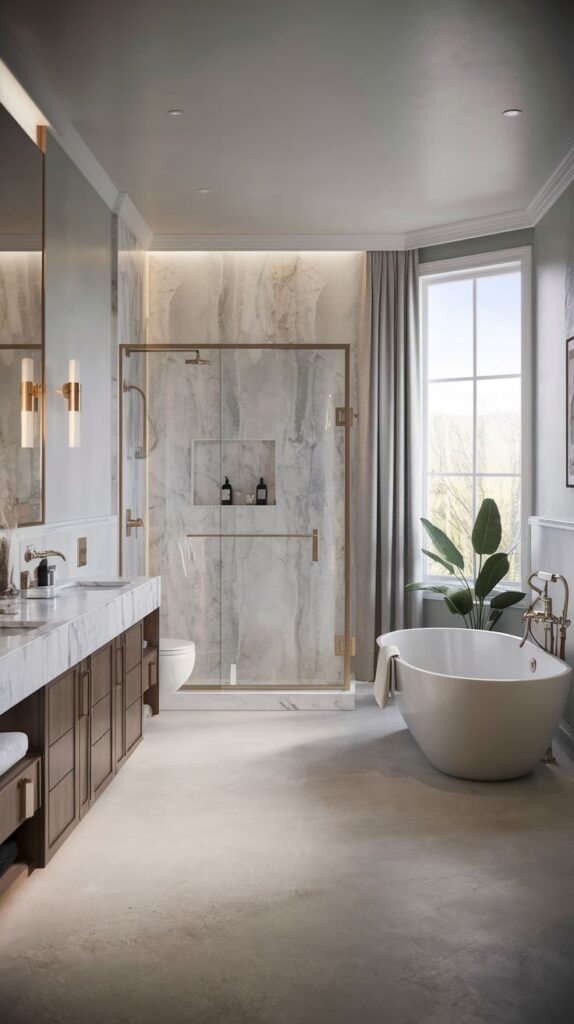 A chic, luxury Guest Bathroom with a large bay window, a white freestanding tub, and a spacious glass-enclosed shower featuring marble-look walls and gold-framed doors. A dark wood double vanity with a marble top is situated on the left.