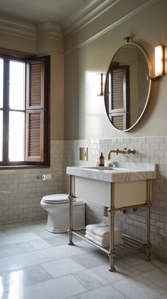 A vintage-inspired, luxury Guest Bathroom with white subway tiles on the lower walls, a white vanity with an exposed pipe base and a marble top, and a large round gold-framed mirror. A window with dark wooden shutters provides natural light.