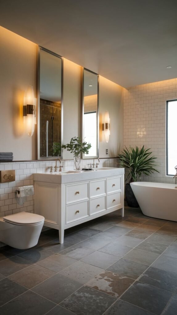 A modern, luxury Guest Bathroom with a dark grey tiled floor, a white subway tiled accent wall, a white double vanity with a white countertop and gold handles, and a dark freestanding tub. Tall mirrors with linear lighting hang above the vanity.