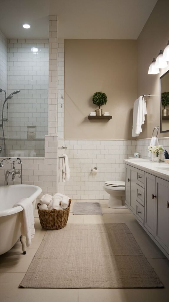 A spacious, luxury Guest Bathroom with a white subway-tiled shower, a white freestanding tub, a toilet, and a light grey double vanity with a white countertop. The walls above the tile are painted a neutral beige. A woven basket filled with white towels is positioned next to the tub, and a light-colored rug lies on the floor.