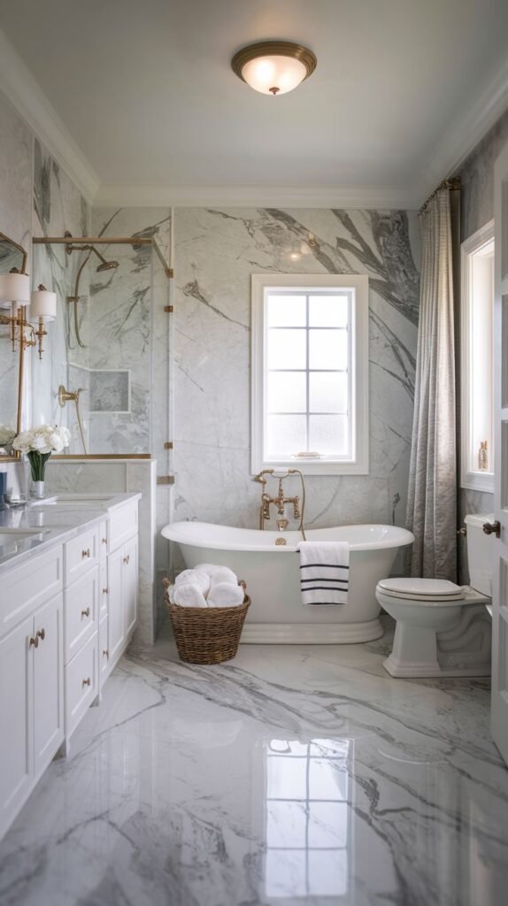 An elegant, luxury Guest Bathroom featuring richly veined marble walls and floor, a white freestanding tub, a glass-enclosed shower, and a white double vanity. Gold fixtures are used for both the shower and tub.
