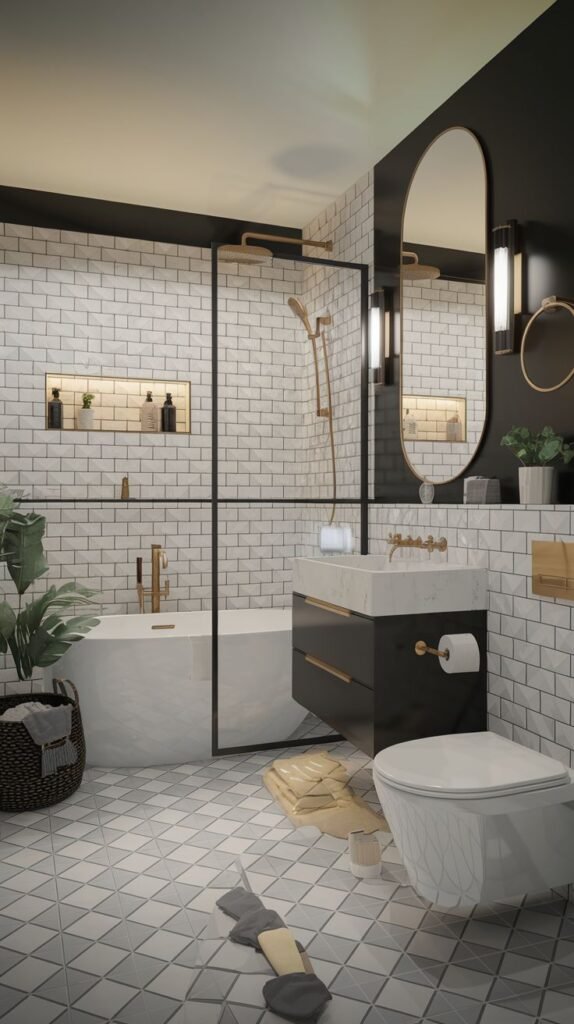 A contemporary, luxury Guest Bathroom with white subway tiled walls, a black and white geometric patterned floor, a black and white vanity with a single sink, and a black-framed glass shower screen. A freestanding tub is located on the left, and gold fixtures add warmth.