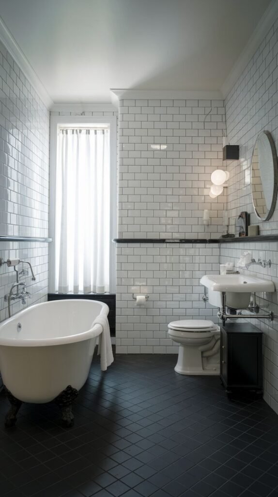 A classic, luxury Guest Bathroom with white subway tiled walls, a dark tiled floor, and a white clawfoot tub. A traditional white sink on a pedestal and a toilet are also visible. A tall window with a white sheer curtain allows natural light into the room.