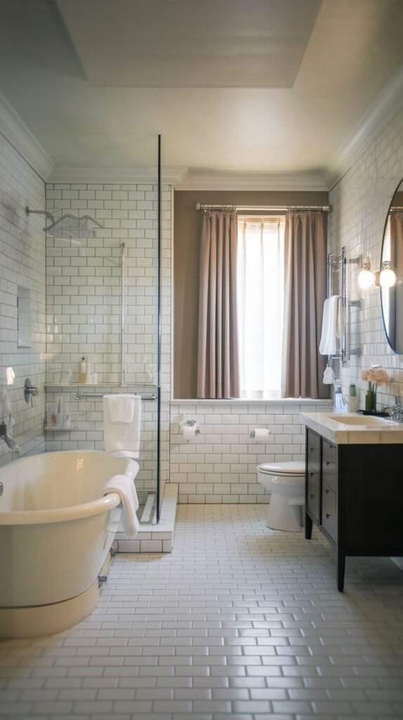 A bright, luxury Guest Bathroom with white subway tiled walls and floor, a white freestanding tub, and a glass-enclosed shower area. A dark wood vanity with a white countertop is positioned on the right. A window with light brown curtains provides natural light.