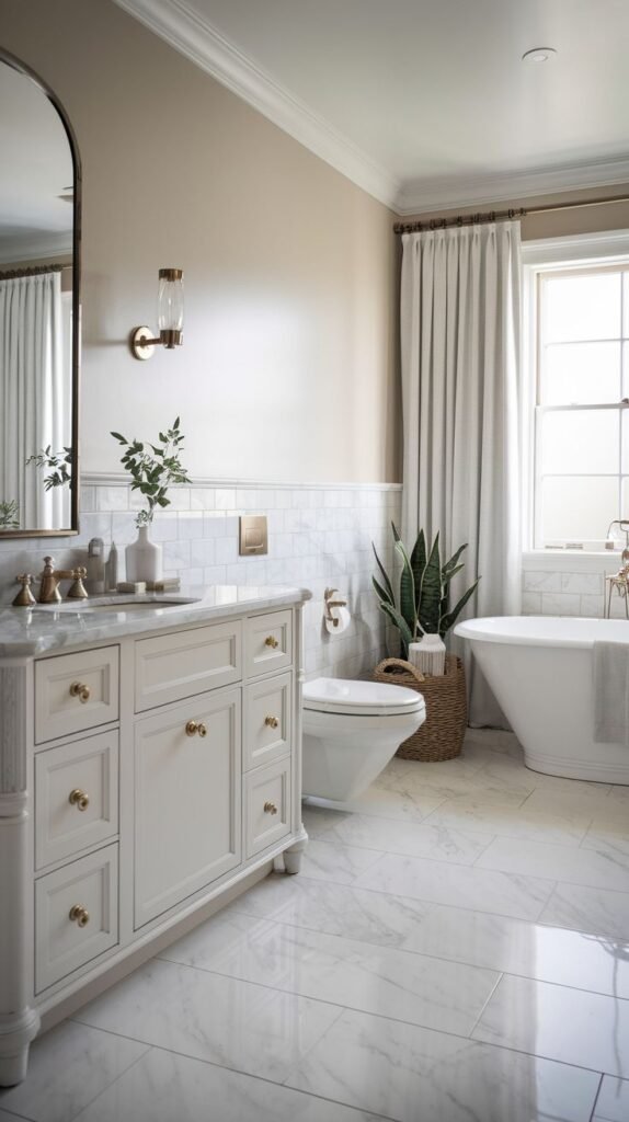 A serene, luxury Guest Bathroom with marble-look floor tiles, a white freestanding tub, and a white double vanity with gold knobs and a light-colored countertop. The walls are a soft beige above white subway tile wainscoting. A large plant adds greenery to the space.