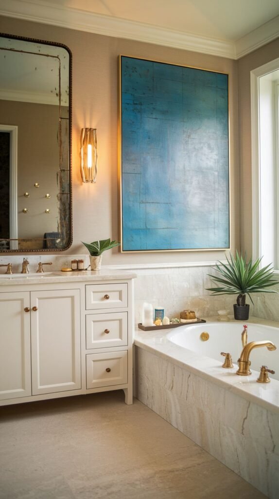 An artistic, luxury Guest Bathroom featuring a large blue abstract painting on the wall. The room contains a white vanity with a light-colored countertop and a built-in tub with a marble surround. Gold fixtures are used for the sink and tub, and a plant is situated next to the tub.