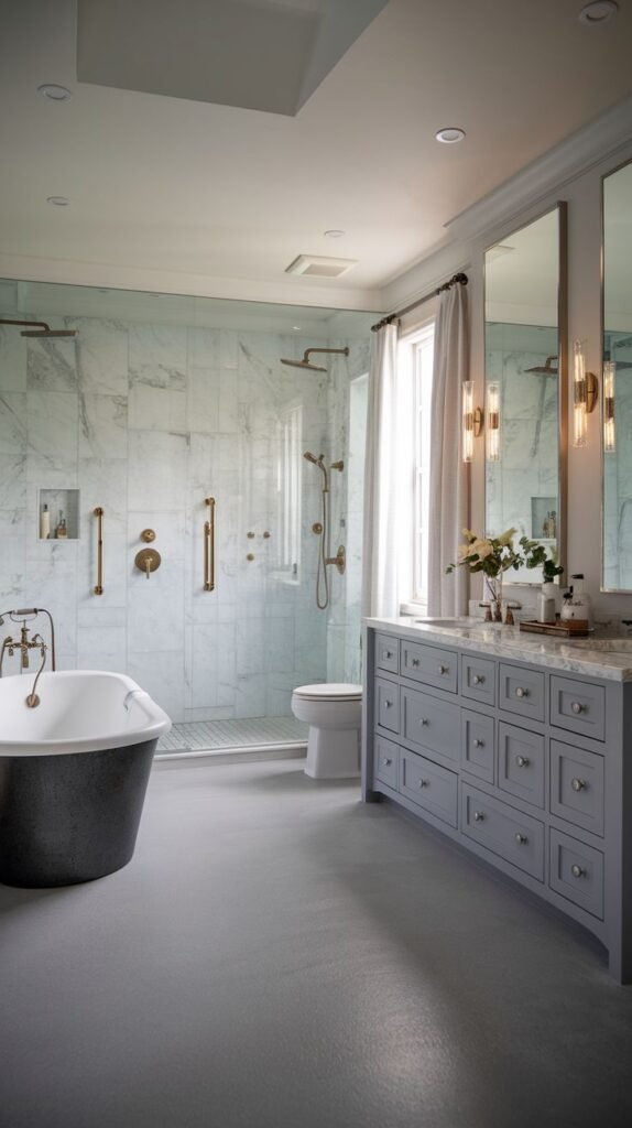 A spacious, luxury Guest Bathroom with a large glass-enclosed shower featuring marble walls and gold fixtures. The room also includes a black freestanding tub and a long grey double vanity with many drawers. The floor is a light grey.