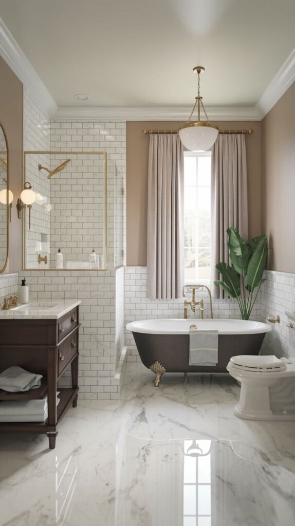 A classic, luxury Guest Bathroom with white subway tiled wainscoting, a dark freestanding clawfoot tub, and a dark wood vanity with a white sink. The floor is polished white marble. A large window with pinkish-brown curtains provides ample light.