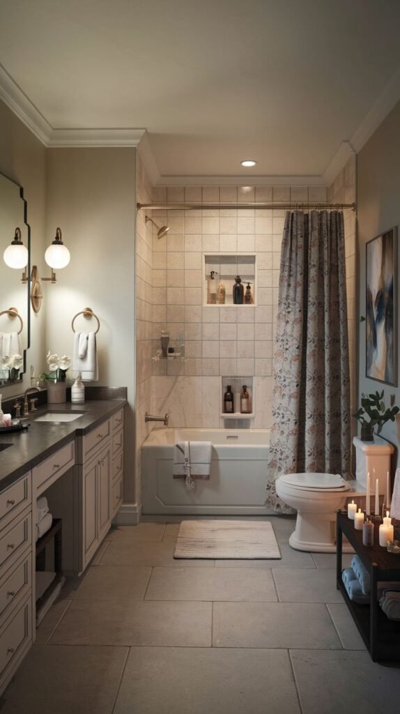 A cozy, luxury Guest Bathroom equipped with a built-in shower-tub combination, a toilet, and a long dark grey vanity with two sinks. The shower area is adorned with light-colored tiles and includes built-in niches. A floral shower curtain adds a decorative touch, and candles with a plant are placed on a dark side table.