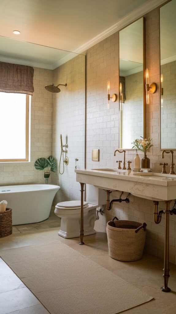 A bright, luxury Guest Bathroom with light-colored tile walls, a white freestanding tub, a toilet, and a double vanity with a light marble countertop and brass fixtures. Two large mirrors with vertical wall sconces hang above the vanity. A woven basket sits next to the tub.