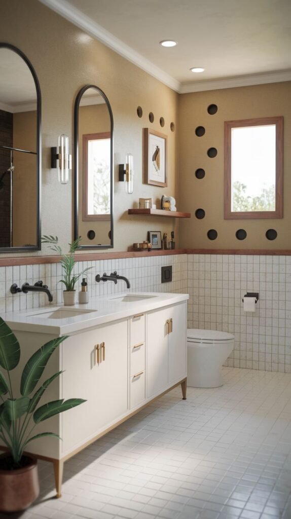 A modern, luxury Guest Bathroom featuring a white tiled floor, a white double vanity with gold handles, and two arched mirrors. The warm beige walls are uniquely designed with circular cutouts. A large plant in a pot sits on the floor, and black fixtures are used for the faucets.