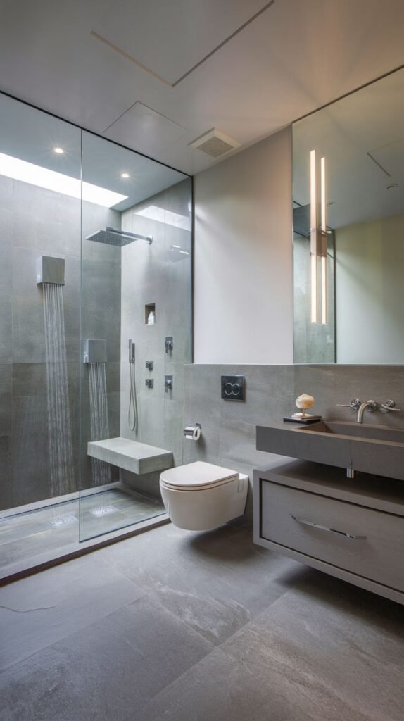 A sleek, contemporary luxury Guest Bathroom with grey tiled walls and floor. It includes a large glass-enclosed walk-in shower with a built-in bench, a floating grey vanity with a rectangular sink, and a wall-mounted toilet. Vertical linear lights are integrated into the mirror.