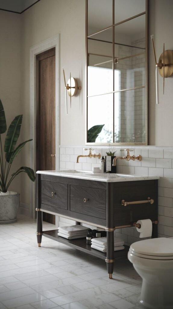A classic, luxury Guest Bathroom featuring a dark wood vanity with a marble countertop and gold fixtures, complemented by a large gold-framed mirror. White subway tiles line the lower portion of the walls. A large plant in a pot is visible on the left side of the room.